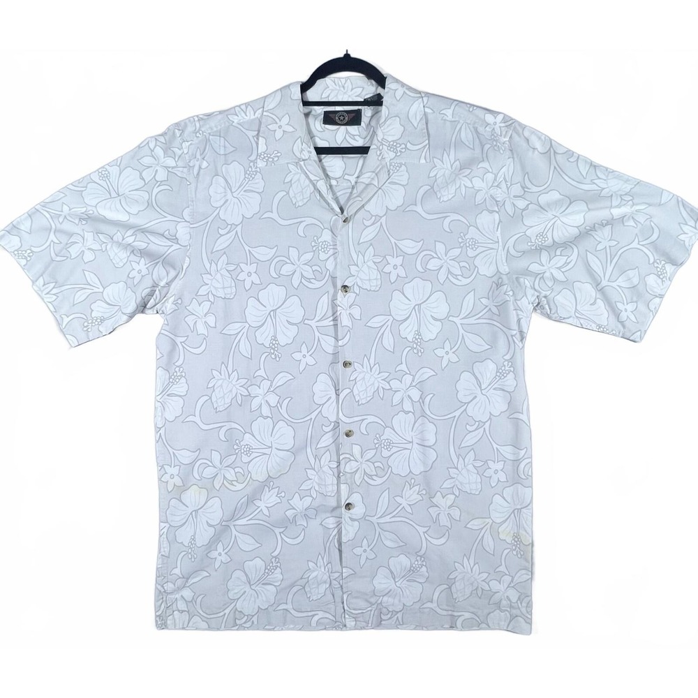 American Outpost Men's XL Floral Hibiscus Pineapple Cotton Camp Shirt Grey White - Picture 2 of 10